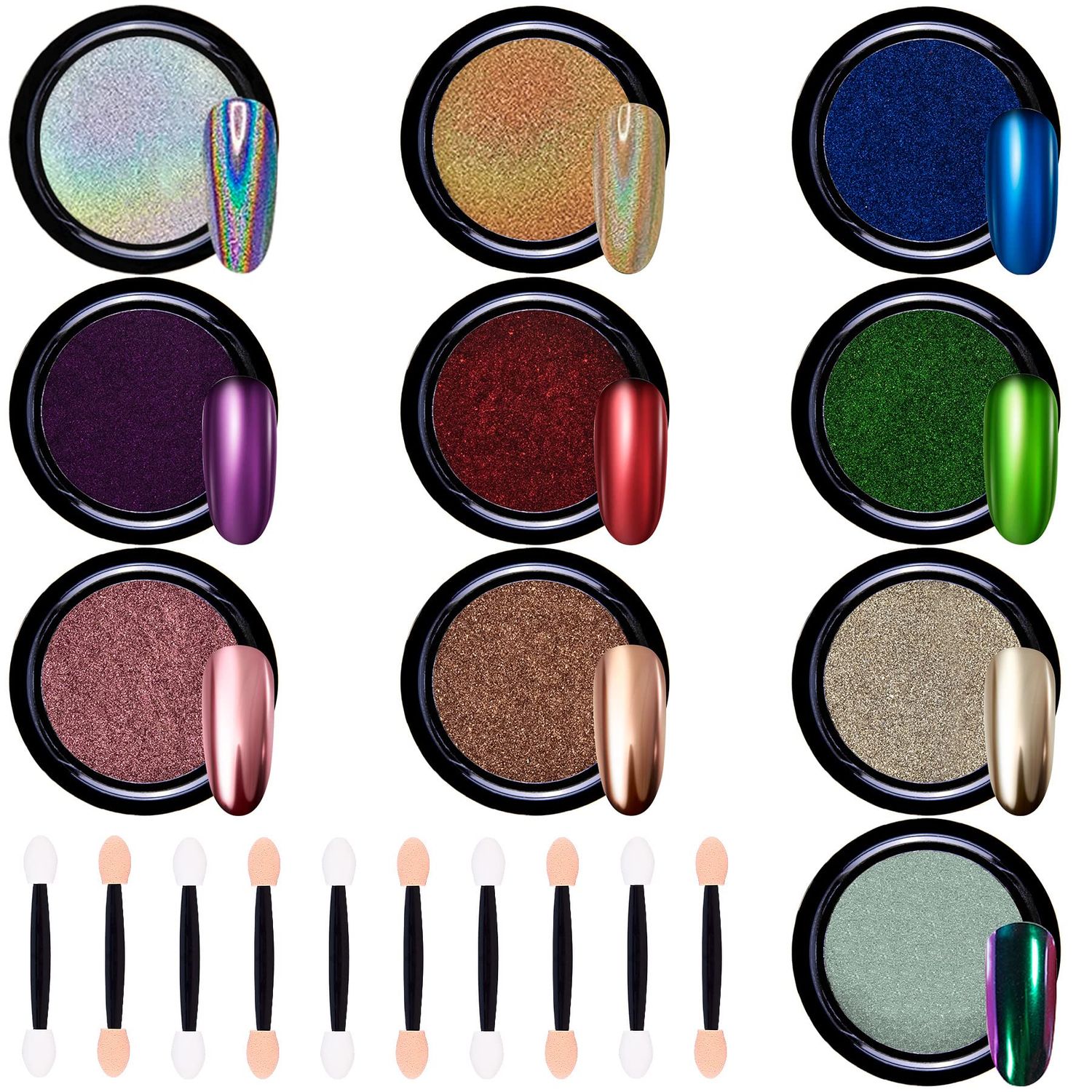 Duufin 10 Jars Chrome Nail Powder Metallic Mirror Effect Powder Nails Art Chrome Powder with 10 Pcs Eyeshadow Sticks, 1g/Jar