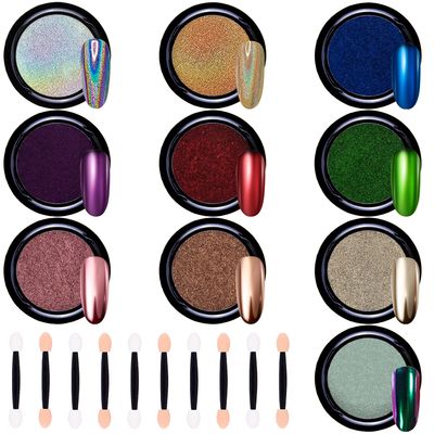 Duufin 10 Jars Chrome Nail Powder Metallic Mirror Effect Powder Nails Art Chrome Powder with 10 Pcs Eyeshadow Sticks, 1g/Jar