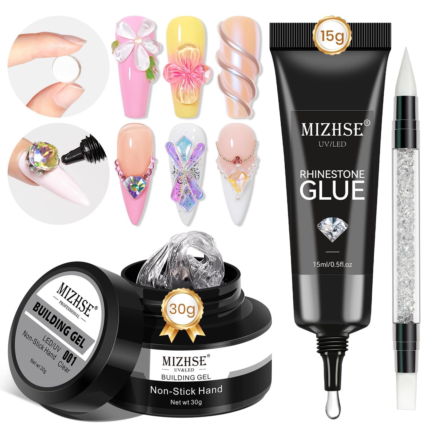 MIZHSE 30g Solid Builder Gel for Nails and 15g Rhinestone Glue, Clear Hard Nail Builder Gel 3D Sculpting Gels Non-Sticky U V LED Nails Charm Glue 3D Art Salon Home DIY
