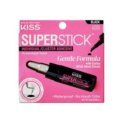KISS Super Stick Individual Lash Cluster Adhesive, Gentle Formula, 7 Day Hold, Cactus &amp; Witch Hazel Extract, Dermatologist Tested, Waterproof Lash Glue, No Harsh Odor, Net Wt. 6.5g (0.23 oz.), Black