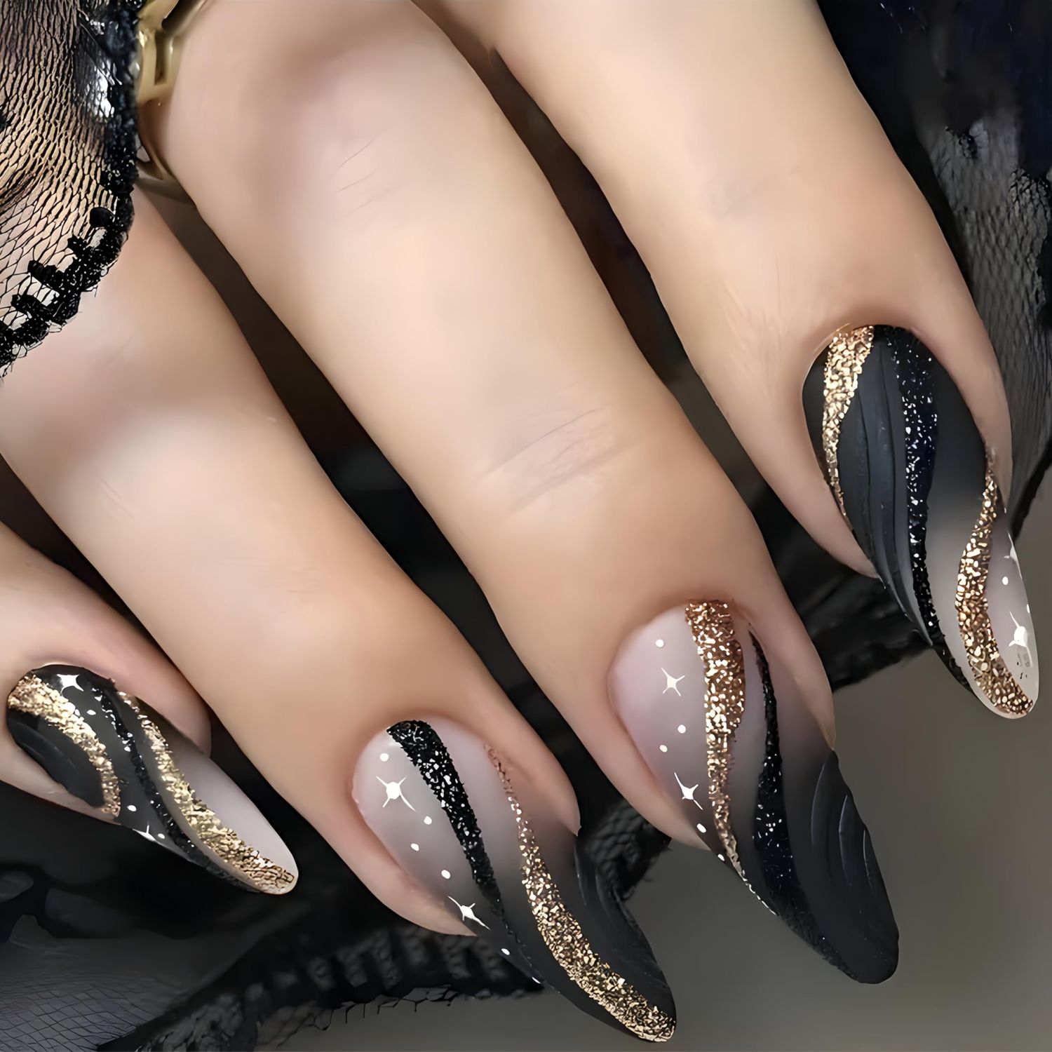 24pcs Black Gold Wire Almond Press Nails Medium Length Gold Foil Glitter Full Cover False Nail Designs for Women Girls Acrylic Nail Art Decoration