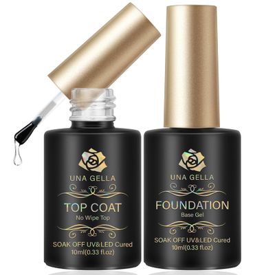 UNA GELLA Base Top Coat Set, 2PCS Gels Top Base Coat Gel Polish U V for Gel Nail Polish, Diamond Shiny, Protects Nails Healthy, Clear Base Coat &amp; No Wipe Top Coat for DIY Nail Art Home