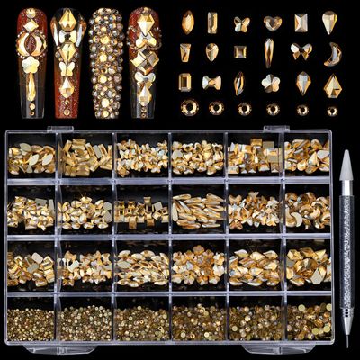 AMLAVIFISH Champagne Nail Rhinestones, 5380Pcs Flatback Gold Glass Charms Gems Stones, 24 Grids 19 Types of Shaped Nail Art Rhinestones Kit with Picking Pen and Tweezers, 6 Sizes for Face Decoration
