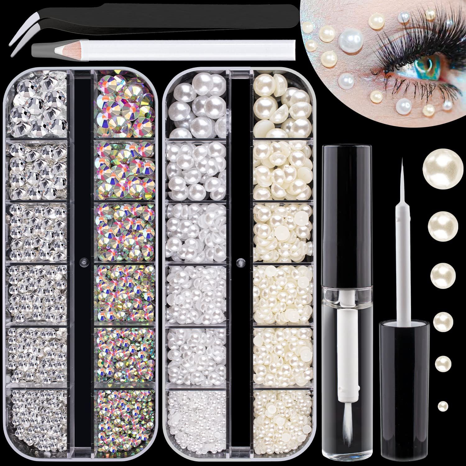 Flat Back Rhinestones&amp;Pearls Kits Round Glass Crystal AB&amp;Transparent White GemsWhite&amp;Beige Pearls with Quick Dry Makeup GluePicker PencilTweezer for Nail Art and Face Eye Body Make-up