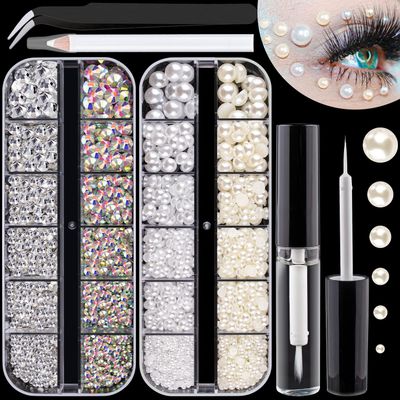 Flat Back Rhinestones&amp;Pearls Kits Round Glass Crystal AB&amp;Transparent White GemsWhite&amp;Beige Pearls with Quick Dry Makeup GluePicker PencilTweezer for Nail Art and Face Eye Body Make-up