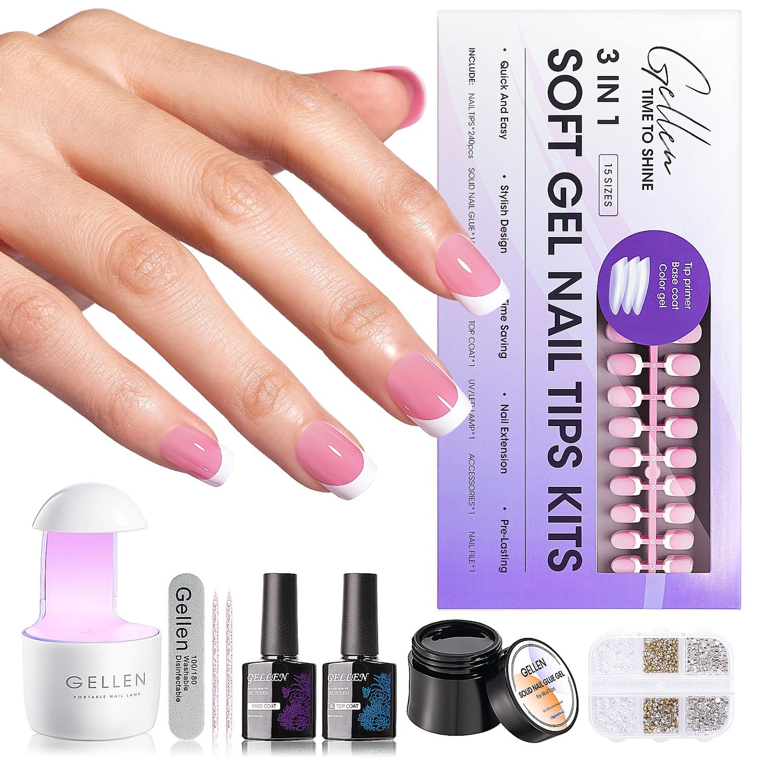 Gellen Pink Short Square Press On Nails French Tip Kit - Includes Gel Top and Base Coat, UV Lamp, Solid Glue Gel, Charms for Manicure
