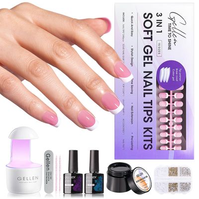 Gellen Pink Short Square Press On Nails French Tip Kit - Includes Gel Top and Base Coat, UV Lamp, Solid Glue Gel, Charms for Manicure