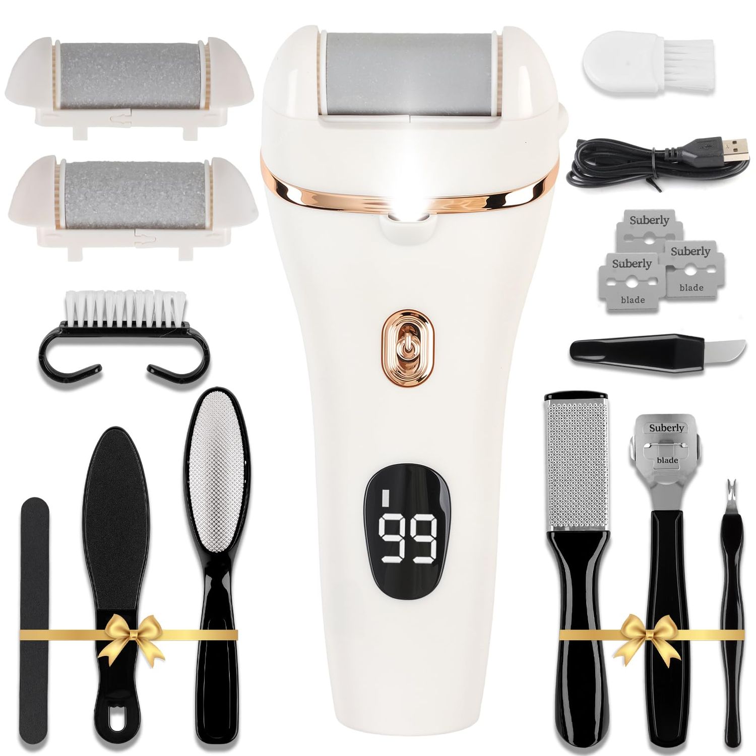 Meyluth Electric Callus Remover for Feet, 17-in-1 Professional Pedicure Kit, Foot Scrubber Electric Foot File for Hard Cracked Dry Dead Skin, 3 Rollers, 2 Speed, Battery Display