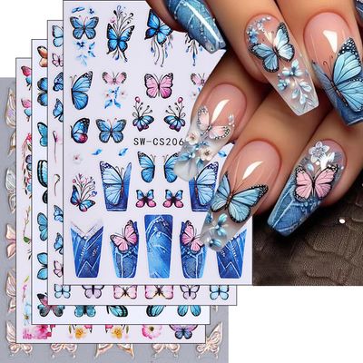 5 Sheets Butterfly Nail Stickers for Nail Art 5D Embossed Self-Adhesive Aurora Butterflies Nail Decals Spring Summer Nail Designs Supplies for Women DIY Manicure Decorations