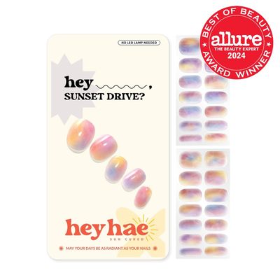 Heyhae Semi Cured Gel Nail Strips | No LED Lamp Needed | Marble, Pink, Spring | Easy Apply & Remove, Salon Quality | Includes 28 Strips, 1 Prep Pads, Nail File & Wooden Stick - Hey, Sunset Drive?