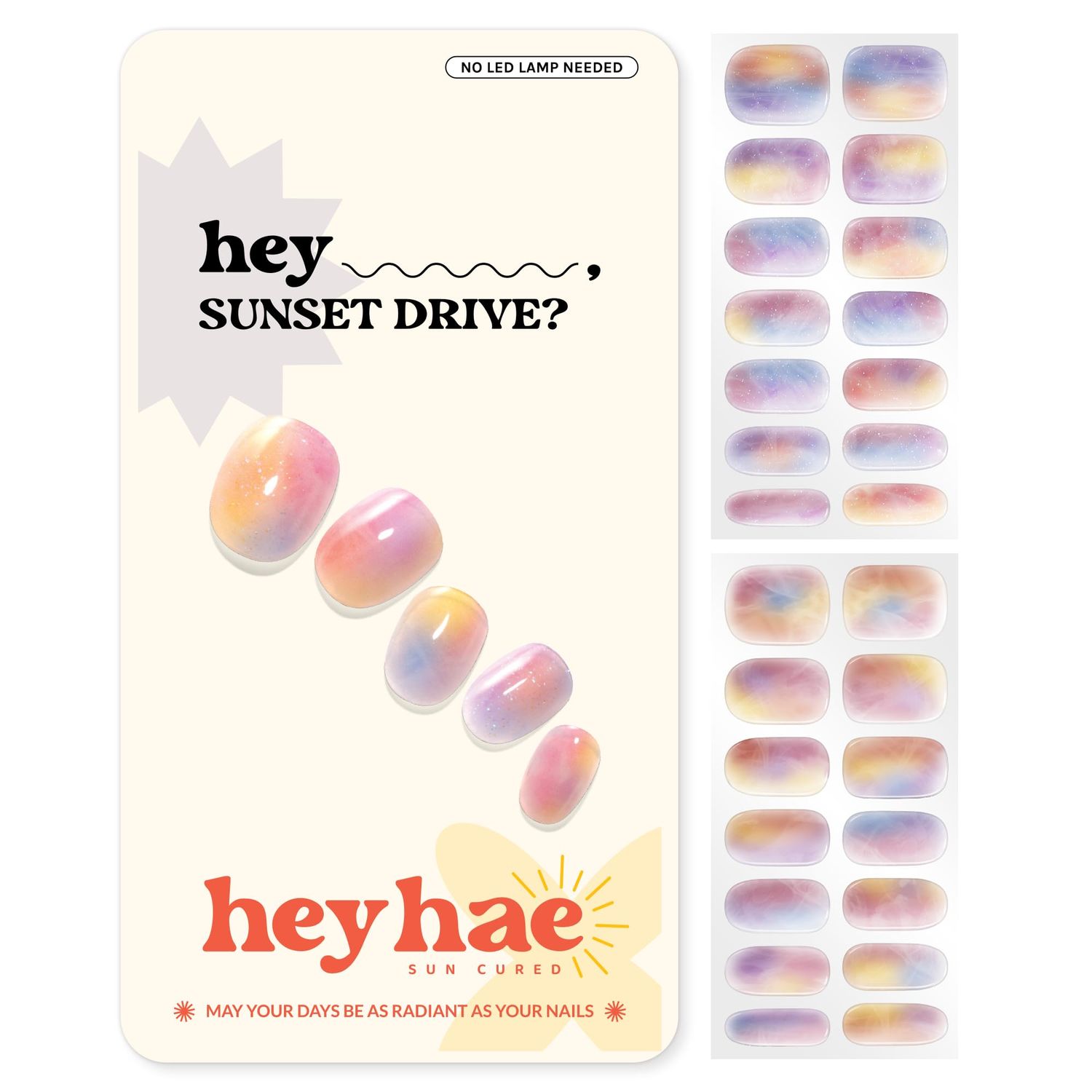 Heyhae Semi Cured Gel Nail Strips | No LED Lamp Needed | Marble, Pink, Spring | Easy Apply &amp; Remove, Salon Quality | Includes 28 Strips, 1 Prep Pads, Nail File &amp; Wooden Stick - Hey, Sunset Drive?