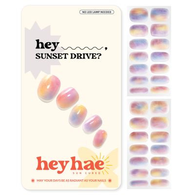 Heyhae Semi Cured Gel Nail Strips | No LED Lamp Needed | Marble, Pink, Spring | Easy Apply &amp; Remove, Salon Quality | Includes 28 Strips, 1 Prep Pads, Nail File &amp; Wooden Stick - Hey, Sunset Drive?