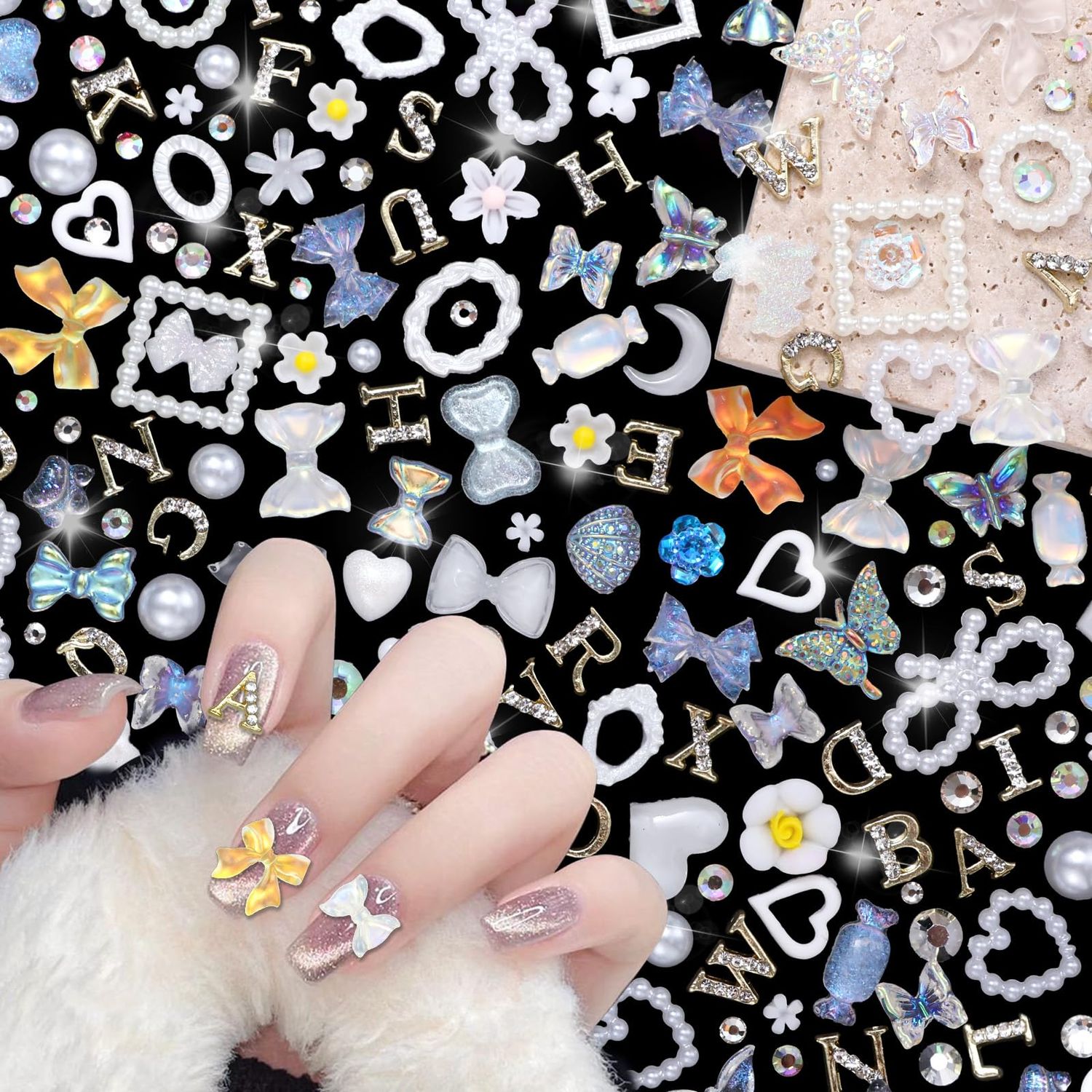350 Pieces Multi-shape White Acrylic Nail Charms, 52 Pieces Gold Letter Rhinestones, Nail Art Swarovski Pearls