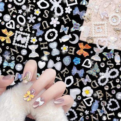 350 Pieces Multi-shape White Acrylic Nail Charms, 52 Pieces Gold Letter Rhinestones, Nail Art Swarovski Pearls