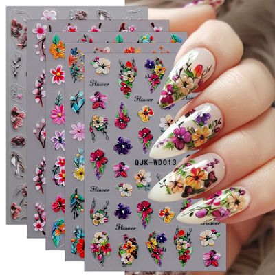 JMEOWIO 6 Sheets Flower Nail Art Stickers Decals Self-Adhesive Spring Summer Floral Nail Supplies Nail Art Design Decoration Accessories