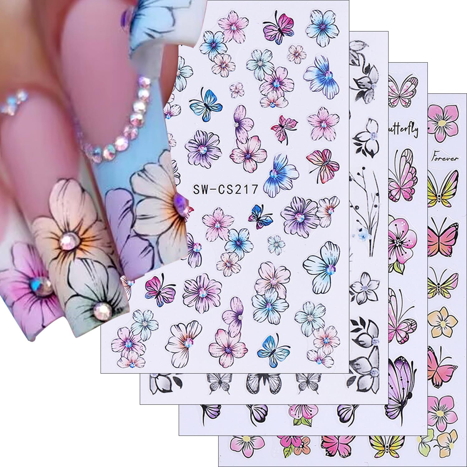 4 Sheets Flowers Butterfly Nail Art Stickers 3D Self-Adhesive Spring Summer Nail Stickers Pink Red Blue Purple White Black Floral Butterflies Nail Decals for Women DIY Manicure Supplies Decorations