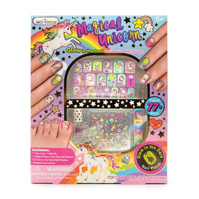 Hot Focus Unicorn Nail Kit - Kids Nail Polish Set for Girls Ages 5 6 7-12 with 77 Pieces, Spa Kit, Nail Art Decoration Set, Glow-in-the-dark, Stickers, and Water-Based Polish - Girls Nail Kit.