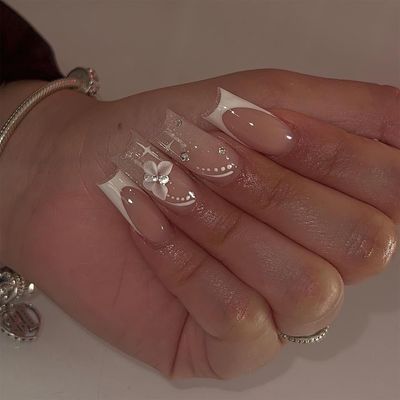 Mkwntg French Tip Press on Nails Medium Square Fake Nails Glossy Full Cover False Nails with Butterflies Rhinestones Designs Cute White French Tip Full Cover Glue on Nails for Women Girls 24Pcs