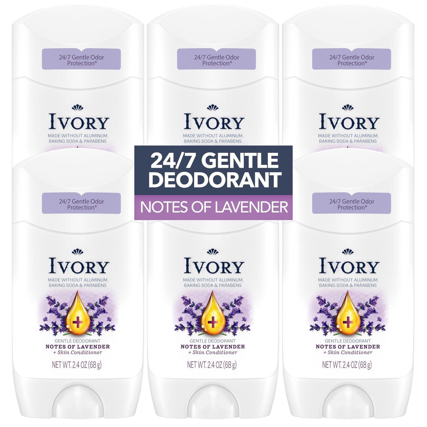 Ivory Aluminum Free Deodorant, Hint of Lavender, 24hr Gentle Deodorant, Dermatologist Tested, Baking Soda Free, Paraben Free, 2.4oz (Pack of 6)