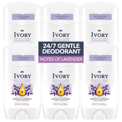 Ivory Aluminum Free Deodorant, Hint of Lavender, 24hr Gentle Deodorant, Dermatologist Tested, Baking Soda Free, Paraben Free, 2.4oz (Pack of 6)