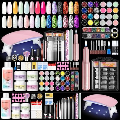 COSCELIA Acrylic Nail Kit with Everything, Pink White Nude Clear Acrylic Powder with Drill U V Light Sequin Glitter Decoration Powders Base Top Coat Nails Kit for Beginners Home Nail DIY