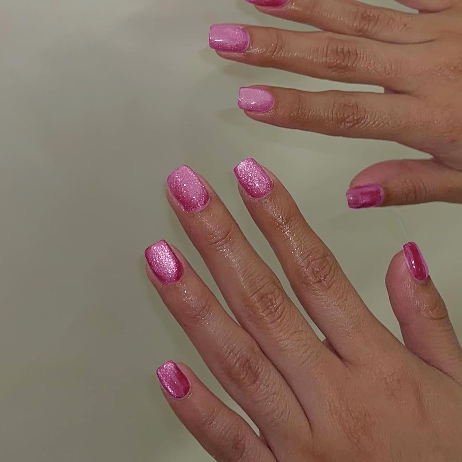 SXVME Short Press On Nails Square - Cat Eye Hot Pink Fake Nails Acrylic Press ons Glue on Nails Opaque Glitter Short False Nails in 30 Pcs for Women