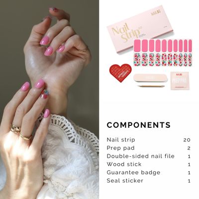 NAILOG Semi Cured Gel Nail Strips, 20 Pcs Pink Flowers Long Lasting Stickers Extra Long Nail Wraps with Glossy Gel Finishing for Spring Summer, Season