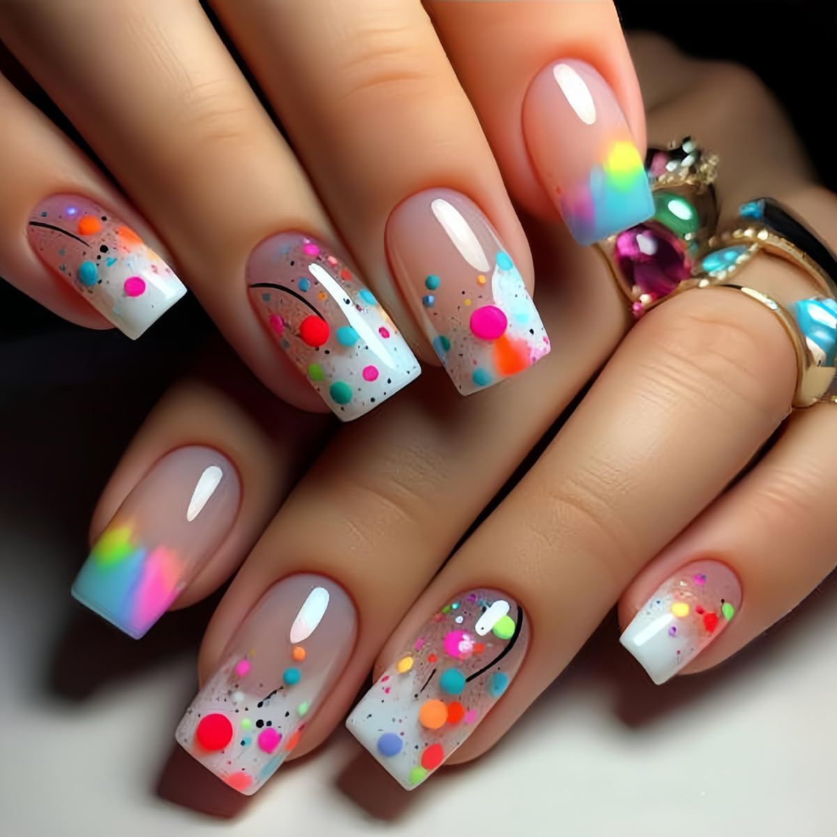 24 Pcs Pink Ombre Press on Nails Medium Square - YEFIUO Summer Fake Nails Press ons French Nail Art Tips Full Cover Acrylic False Nails Glue on Nails Kit with Glossy Multi-Color Blooming Design Women