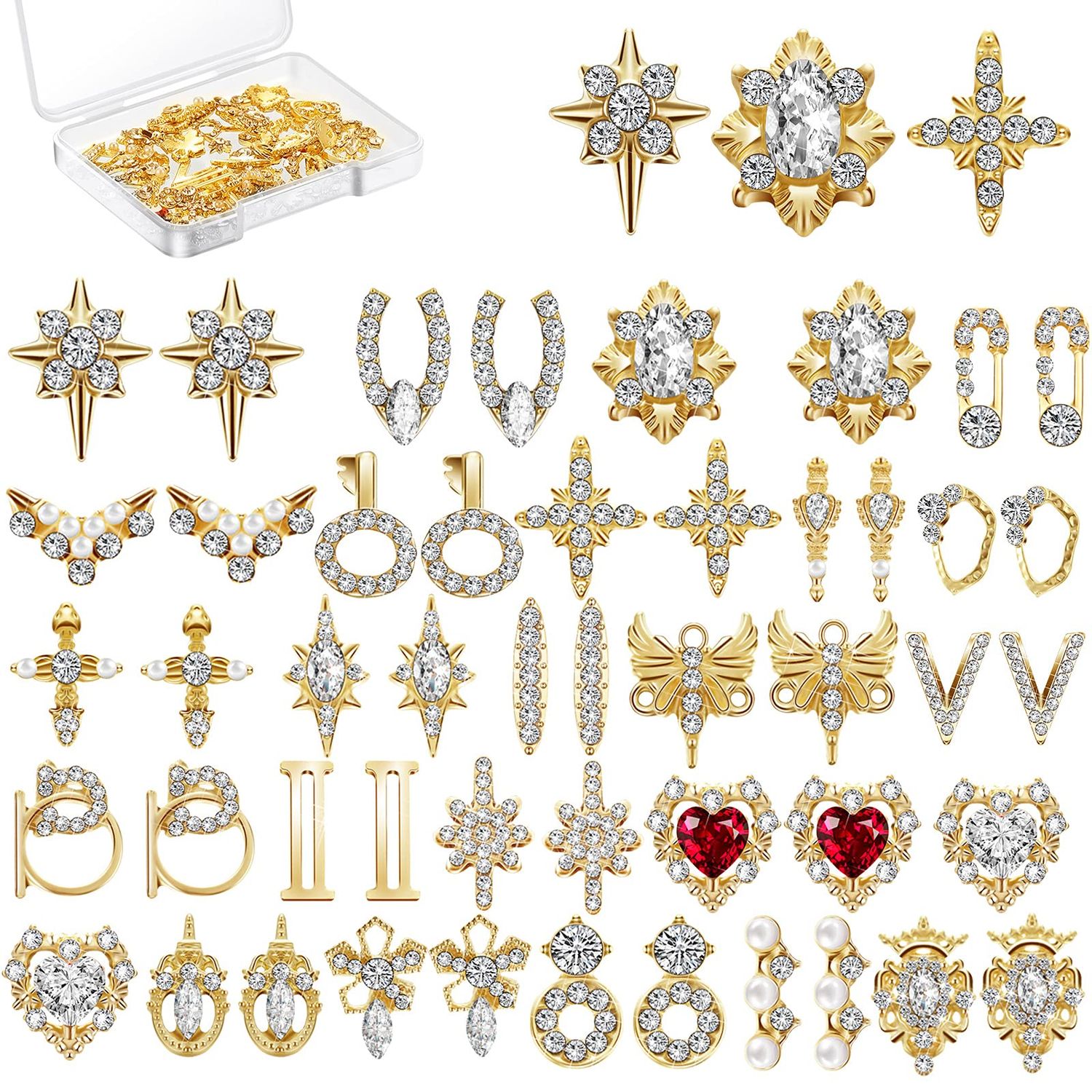 Maitys 48 Pcs Charms Gold 3D Nail Gems Heart Rhinestones Shiny Diamonds Metal Crystals Jewelry Luxury Decoration with Storage Box for Women DIY Hand Beauty, 24 Styles
