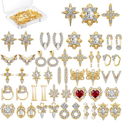Maitys 48 Pcs Charms Gold 3D Nail Gems Heart Rhinestones Shiny Diamonds Metal Crystals Jewelry Luxury Decoration with Storage Box for Women DIY Hand Beauty, 24 Styles