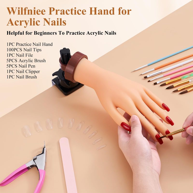 Wilfniee Practice Hand for Acrylic Nails: Rubber Nail Hand with Stand - Fake Manicure Hand to Practice Acrylic Nails for Beginners