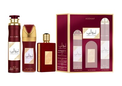 Lattafa Asdaaf Ameerat Al Arab For Women 3 Piece Gift Set (3.4 Fl Oz EDP 6.67 Fl Oz Deo 10.14 Fl Oz Air Freshener)