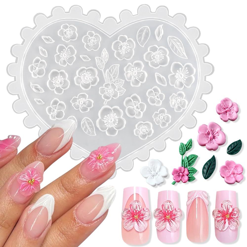 Cute Cherry Blossom Silicone Molds 3D Gel Nail Art Mold Cherry Flower Nail Charms Manicure Carving Mould Floral Nail Stencils Spring Summer Nail Decor Flowers Carved Nail Tools for Nail Art Supplies