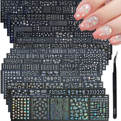 90 Sheets Silver Holographic Laser Nail Art Stickers - 3D Self-Adhesive Decals for Designs - Star, Line, Flower Supplies for Women Decoration With Tweezer
