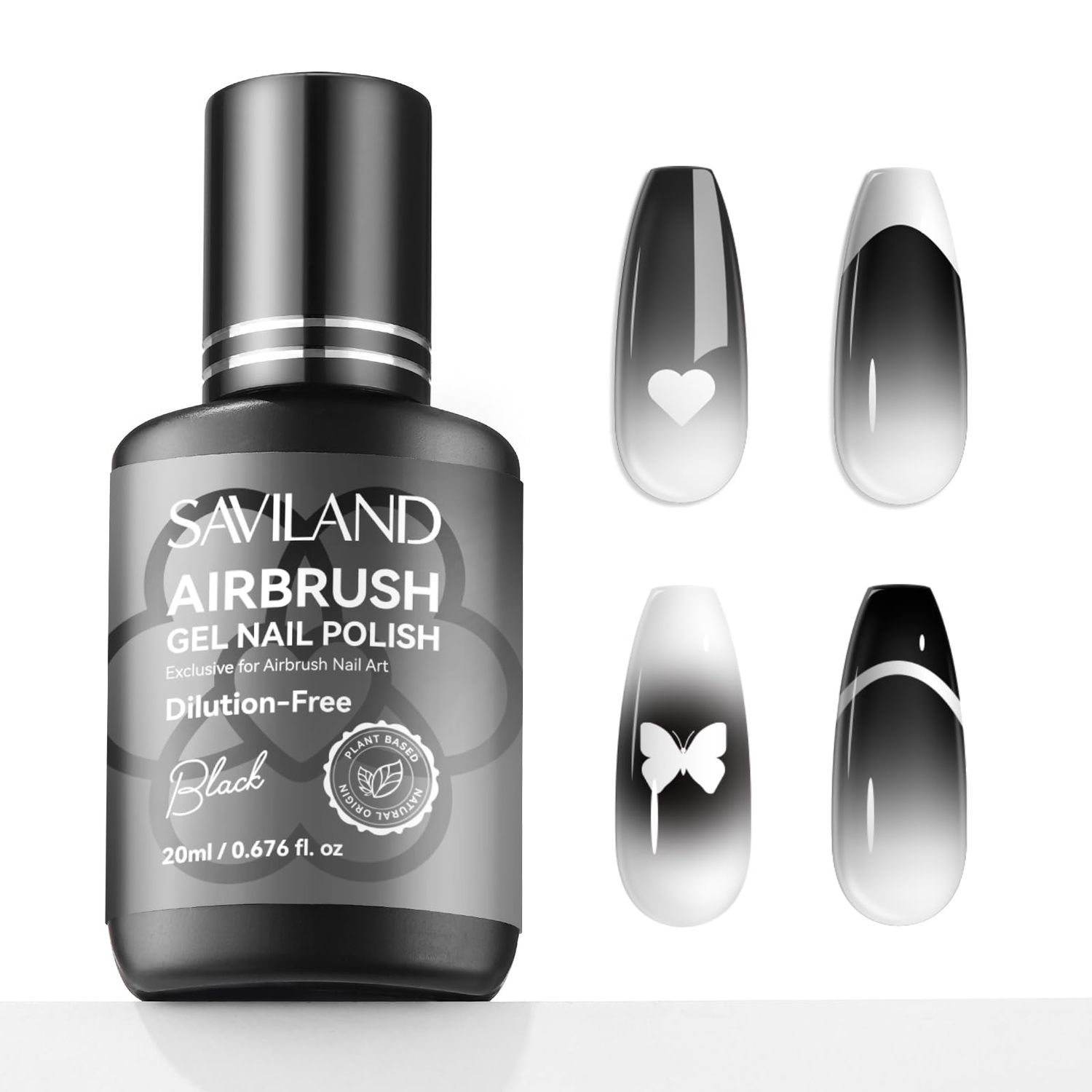 SAVILAND Plus Airbrush Gel Nail Polish No Dilution Required: 20 ml Black Nail Polish Gel for Airbrush Low Odor No Clogging Airbrush Paint for Nails for Ombre Gradients Stencils Pattern French Nail Art