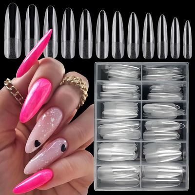 LoveOurHome 240pc XXL Almond Gel Nail Tips Extra Long Clear Oval Fake Nails 12 Sizes Full Cover Artificial False Nails Tips for Acrylic Nail Soft Gel Tips Extension Press on Nails Making
