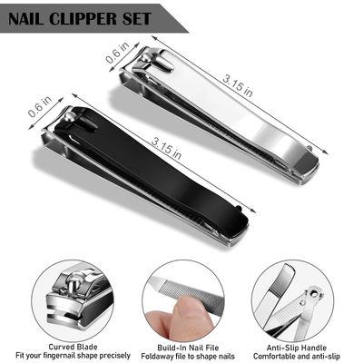 Ucheom Large Nail Clippers 2-Pack, Sharp Stainless Steel Fingernail &amp; Toenail Trimmers with Nail File, Manicure Kit Fingernail Tools for Men &amp; Women, Black and Silver Color