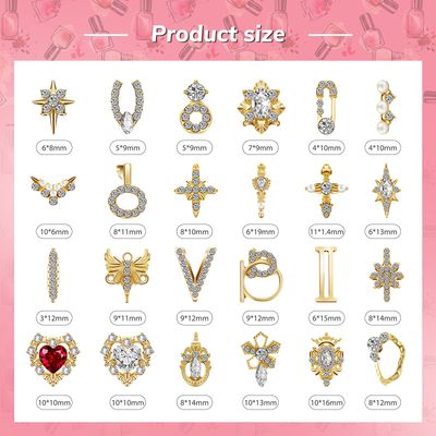 Maitys 48 Pcs Charms Gold 3D Nail Gems Heart Rhinestones Shiny Diamonds Metal Crystals Jewelry Luxury Decoration with Storage Box for Women DIY Hand Beauty, 24 Styles
