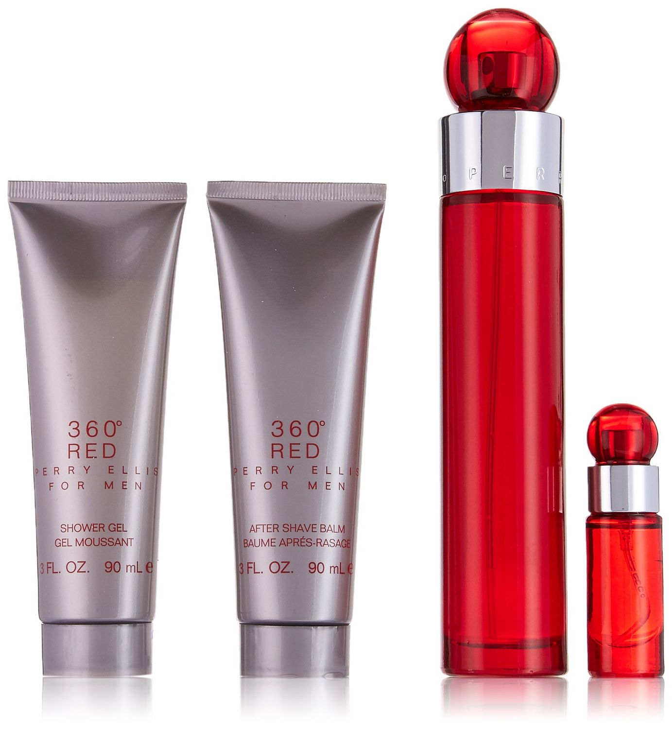 Perry Ellis 360 Red 4 Piece Gift Set,(3.4oz/100ml Eau de Toilette, 3oz Shower Gel, 3oz After Shave Balm, 0.25oz Eau de toilette Spray)