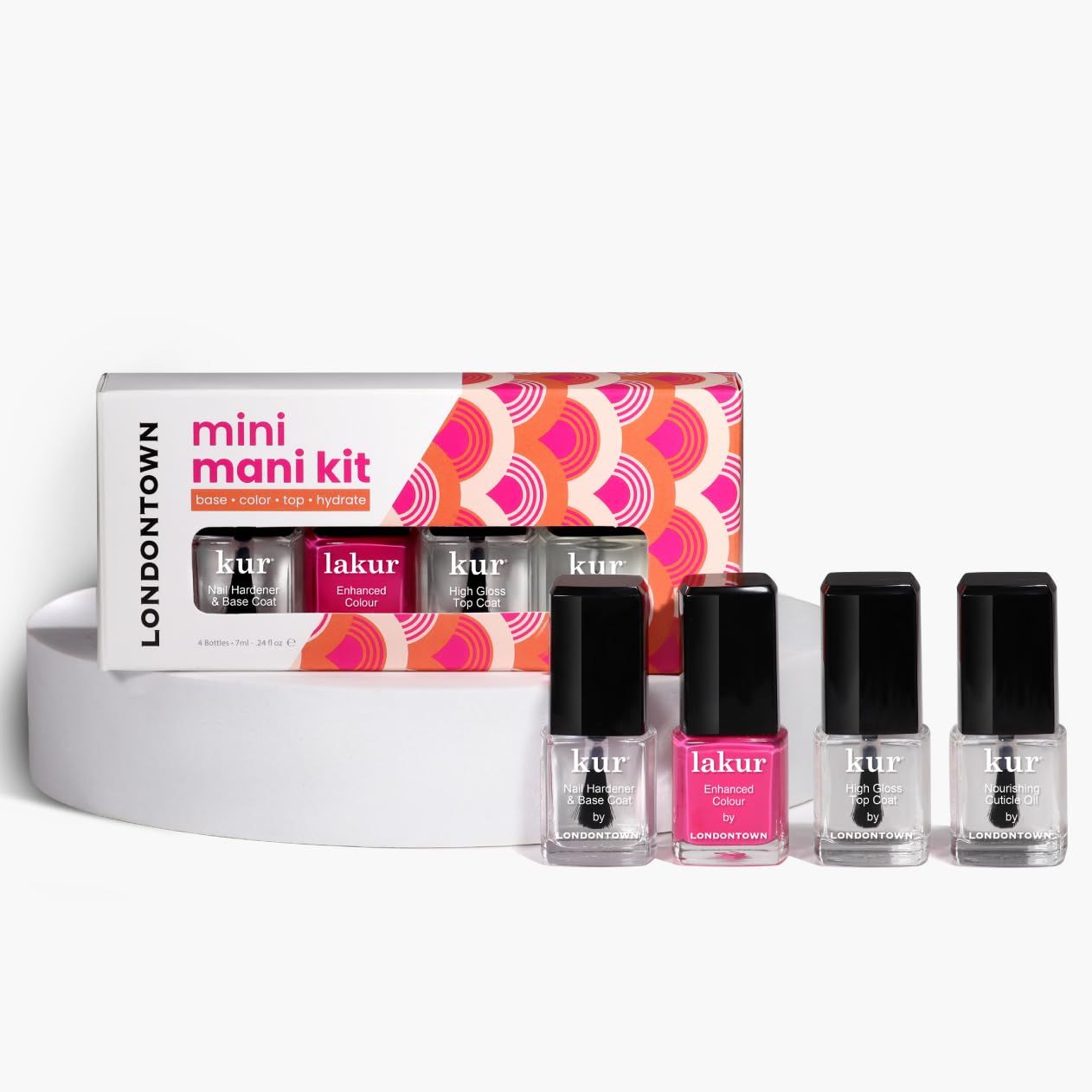 LONDONTOWN Mini Mani Kit - Giftset Manicure Nail Care Set with Nail Hardener &amp; Base Coat, Summer Fling lakur (Bright Pink Polish), High Gloss Top Coat, and Nourishing Cuticle Oil - .24fl oz