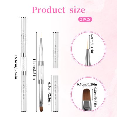 Dual-Ended Nail Art Brushes, 2 PCS Hard Gel Nail Brushes French Tip Nail Liner Brush Builder Gel Brushes Nail Drawing Brushes with Rhinestone Handle French Manicure Design Brushes for Nail Art Design
