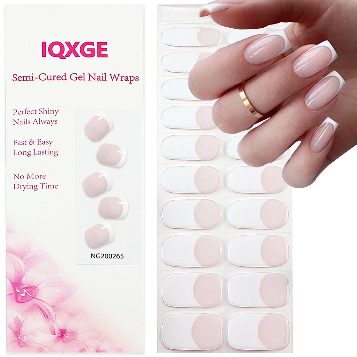 IQXGE Semi Cured Gel Nail Strips, Long Lasting Gel Nail Stickers with UV Light Needed, 20 Waterproof Full Wraps for Women with 1 File, 1 Wood Stick&amp;2 Prep Pad-White French