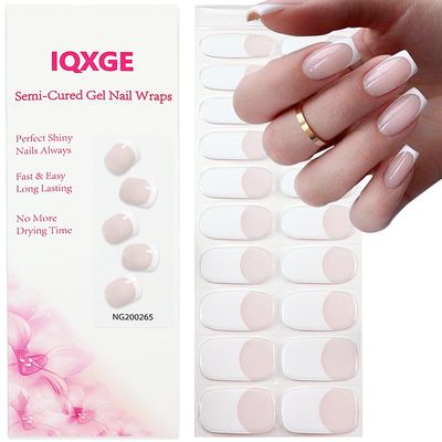 IQXGE Semi Cured Gel Nail Strips, Long Lasting Gel Nail Stickers with UV Light Needed, 20 Waterproof Full Wraps for Women with 1 File, 1 Wood Stick&amp;2 Prep Pad-White French