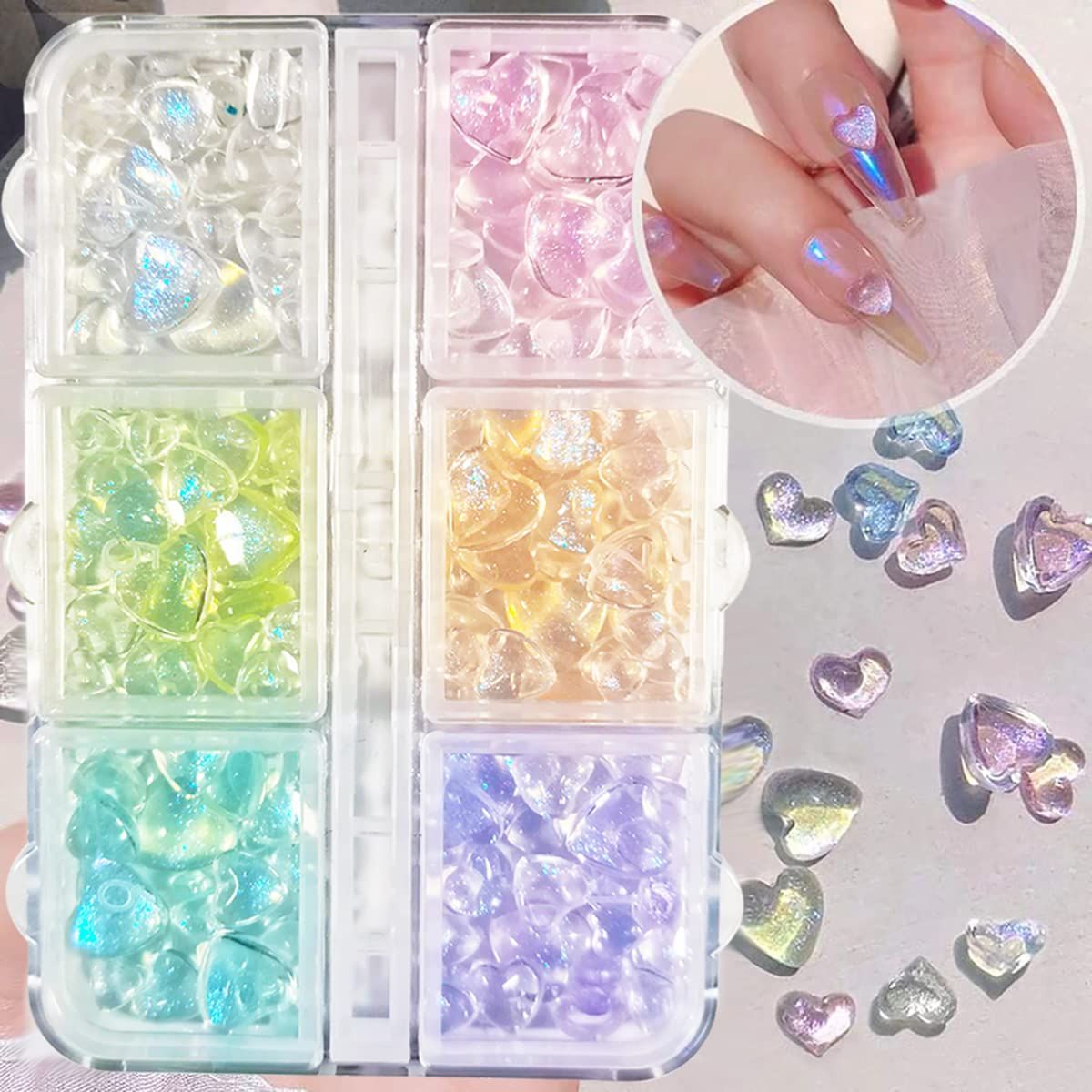 200Pcs Glitter Heart Nail Art Charms, 3D Mixed Size Love Hearts Rhinestones Flat Jelly Resin Crystal Jewelry Diamonds for Acrylic Nail Supplies, Women Craft DIY Manicure Decoration Accessories