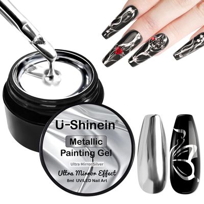 U-Shinein 8ml Metallic Painting Nail Polish Gel, Ultra Mirror Silver Painted Gel Nail Polish, 3D Metal Painting Gel Drawing Mirror Nail Gel Polish Glossy Soak Off UV/LED DIY Nail Manicure