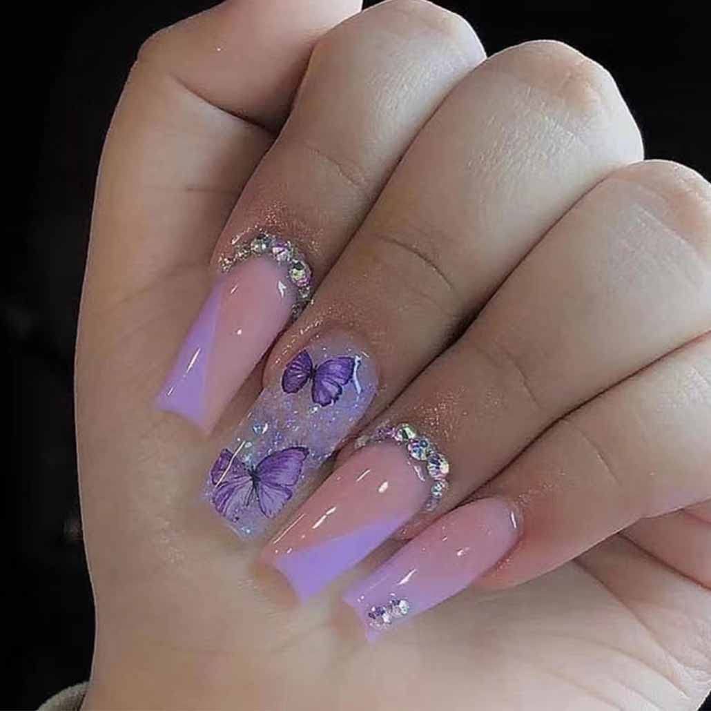 Foccna Purple Fake Nails Sequins Glitter Acrylic Butterfly Artificail Long Press on Rhinestone Nails, Purple Full Cover Fake Nails with Design Nail Tips for Women&amp;Girls-24PCS