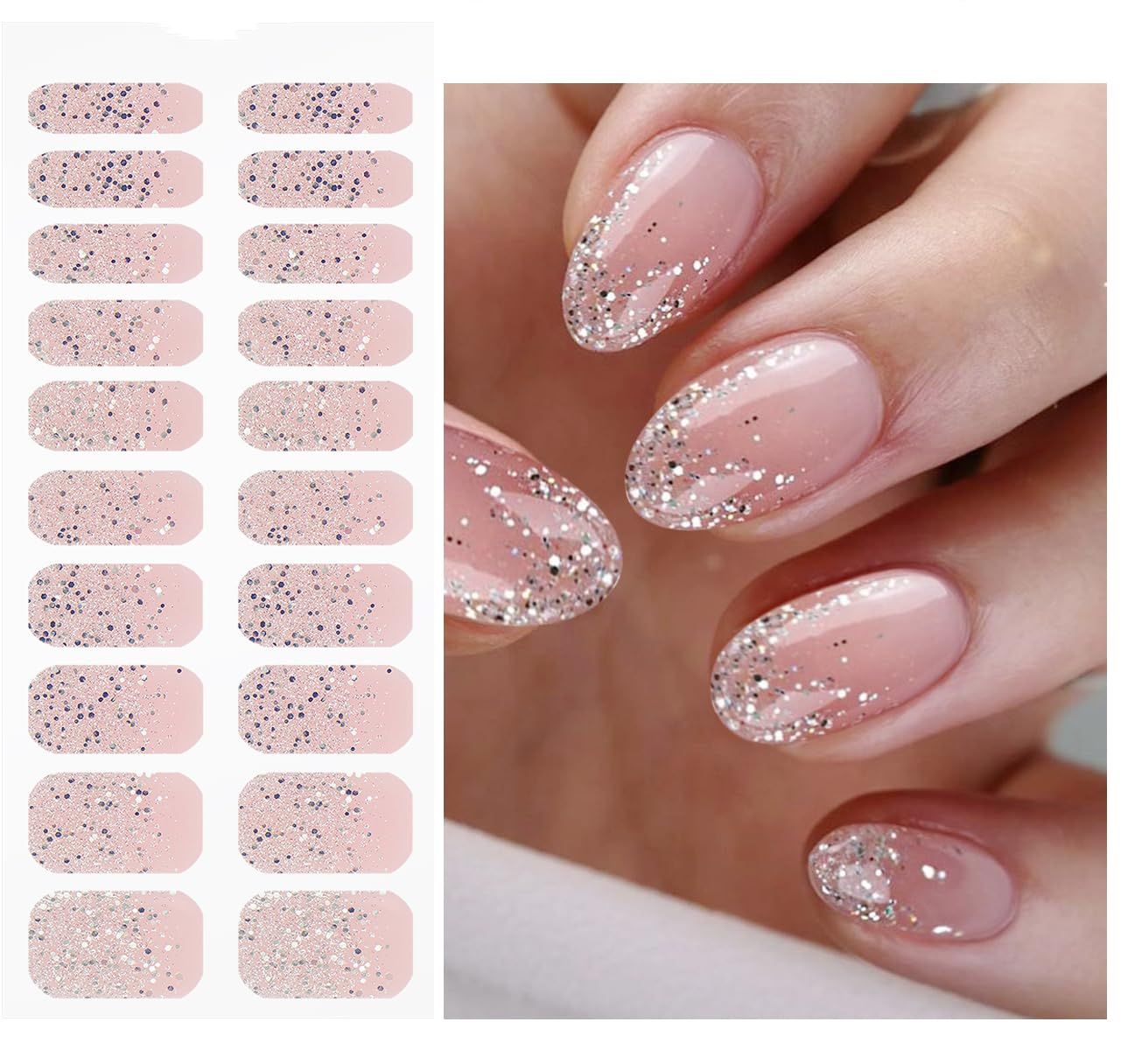 JMEOWIO Gel Nail Stickers Black White Glitter Light Purple Semi Cured Gel Nail Strips Wraps UV/LED Nail Supplies Nail Art Design Decoration Accessories