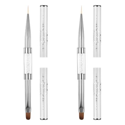 Dual-Ended Nail Art Brushes, 2 PCS Hard Gel Nail Brushes French Tip Nail Liner Brush Builder Gel Brushes Nail Drawing Brushes with Rhinestone Handle French Manicure Design Brushes for Nail Art Design