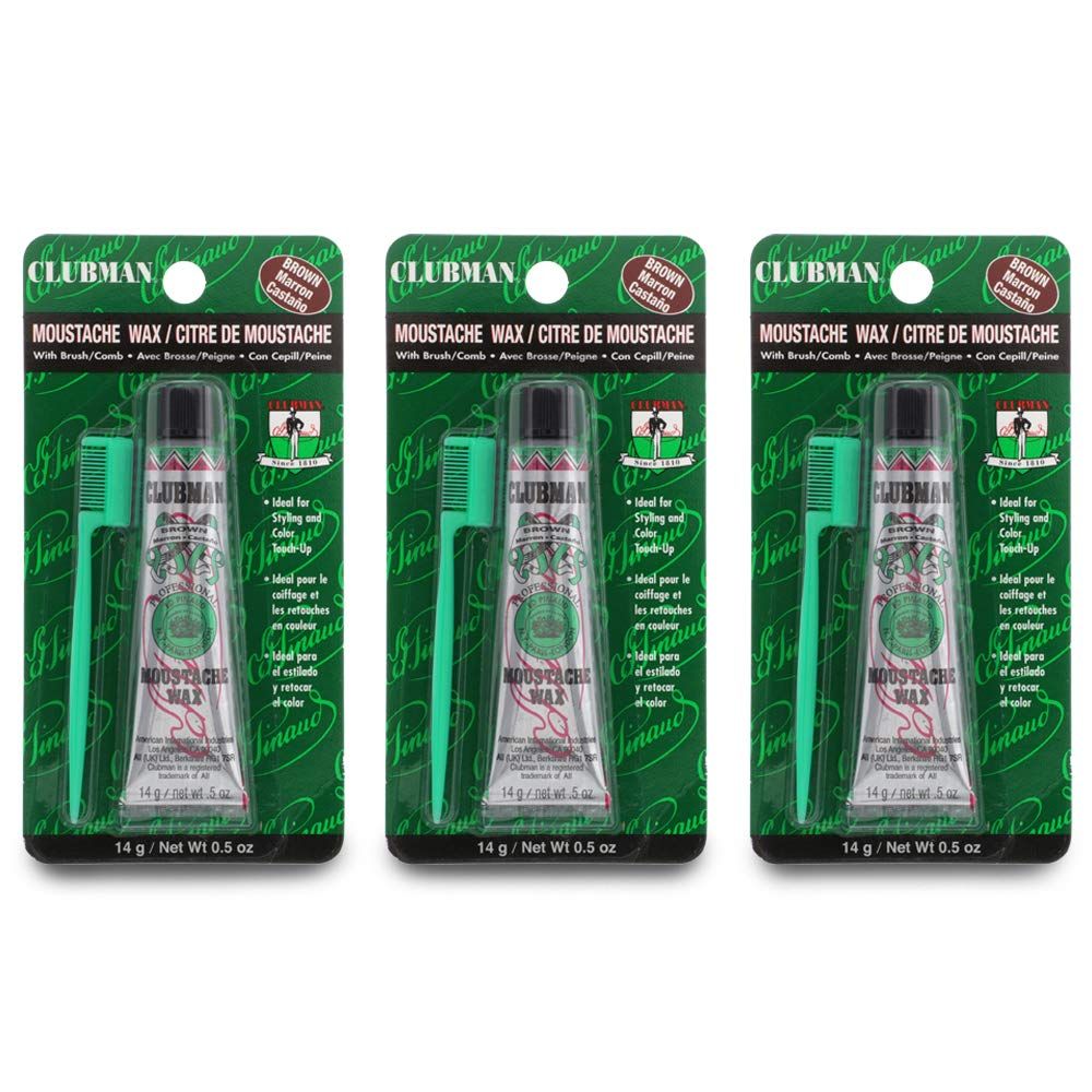 Clubman Mustache Wax for Men - Brown Moustache Wax with Brush &amp; Comb, Strong Hold, 0.5 oz x 3 Pack