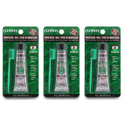 Clubman Mustache Wax for Men - Brown Moustache Wax with Brush &amp; Comb, Strong Hold, 0.5 oz x 3 Pack